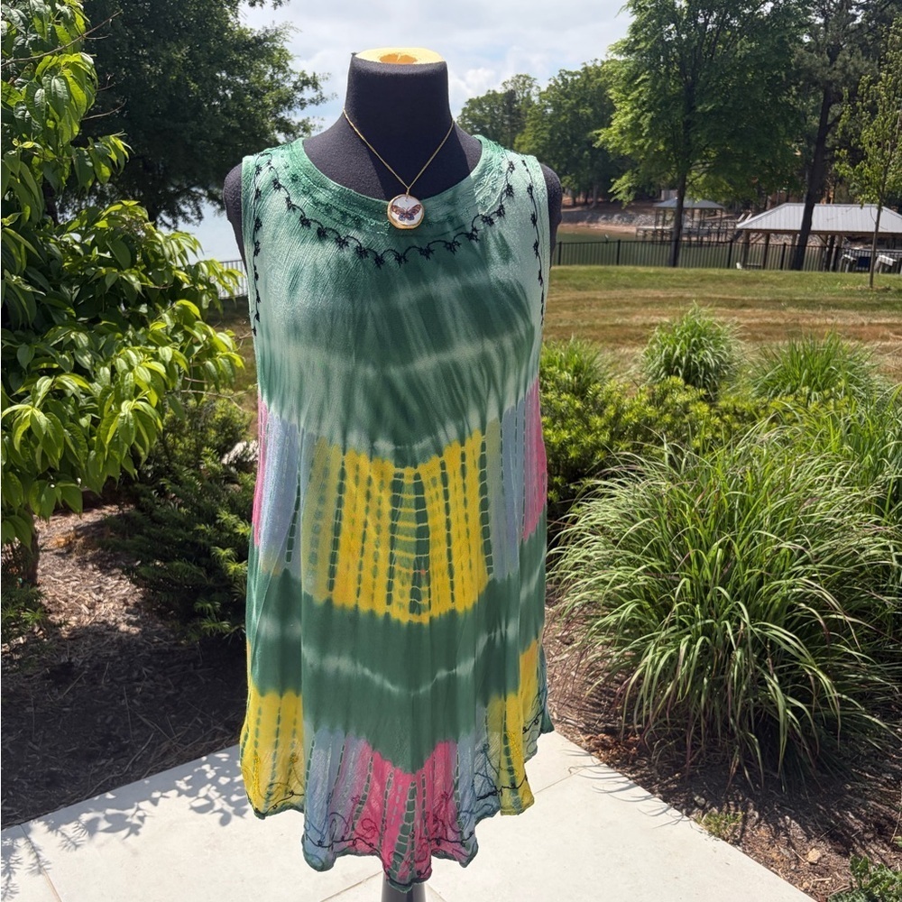 Boho Tie Dye Swing Tunic Dress Sleeveless Viscose Medium